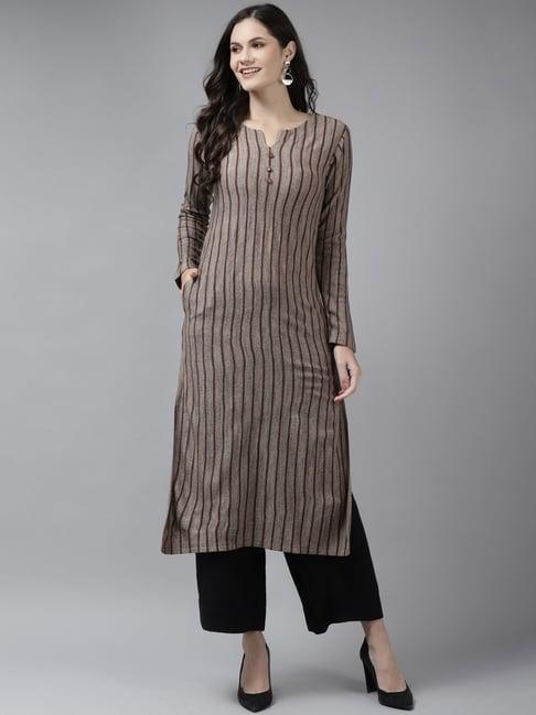 cayman taupe wool striped straight kurta