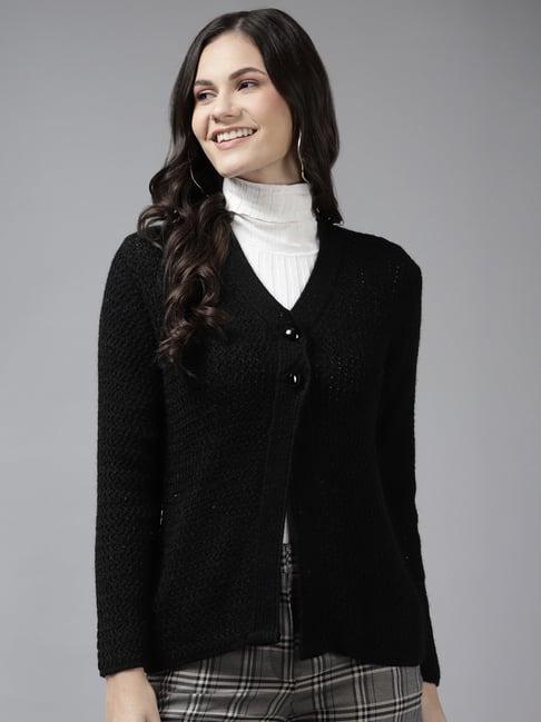 cayman black wool self design cable knit cardigan