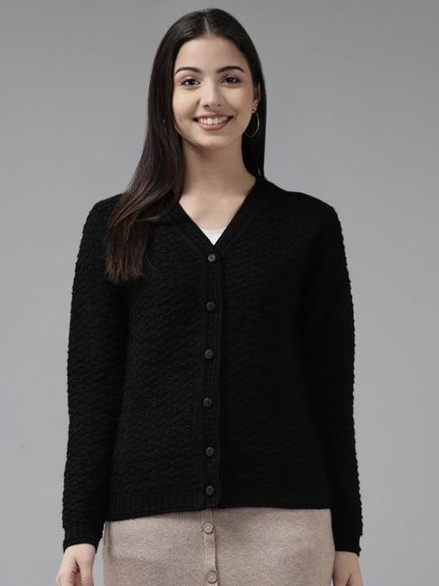 cayman black wool self design cable knit cardigan