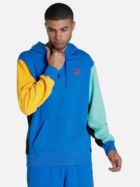 puma blue cotton regular fit colour block hooded sweatshirt