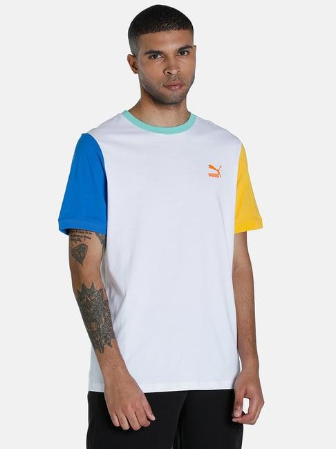 puma white cotton regular fit colour block t-shirt