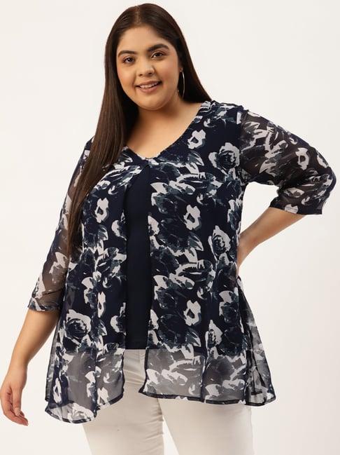 therebelinme navy & off white floral print top