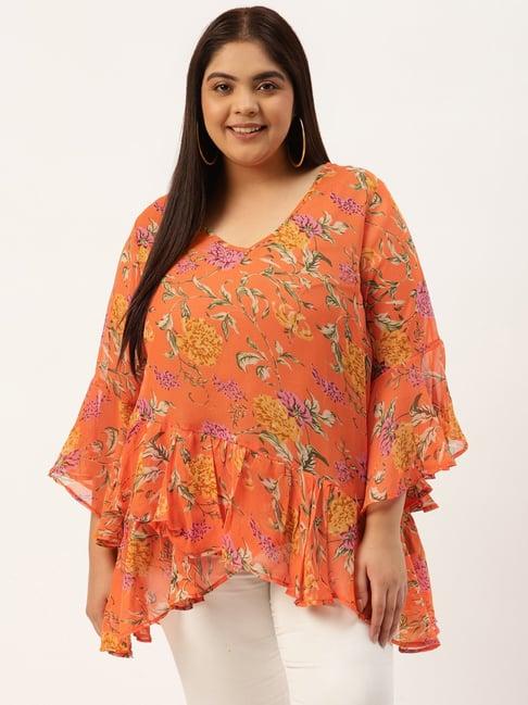 therebelinme orange & green floral print top