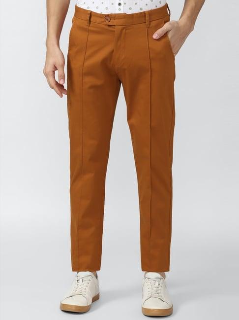 peter england casuals orange cotton slim fit trousers