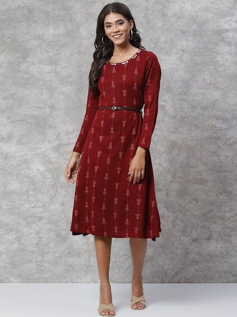 rangriti maroon printed a-line dress