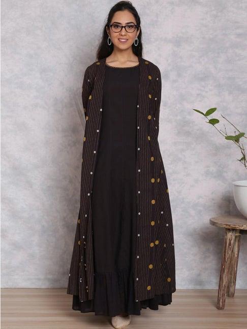 rangriti black cotton woven pattern maxi double layered dress