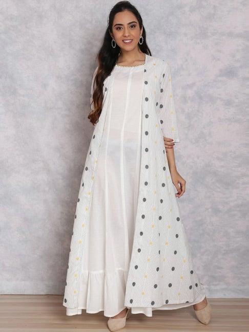 rangriti white cotton woven pattern maxi double layered dress