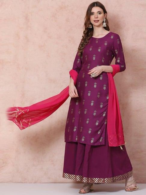 rangriti purple printed kurta skirt set with dupatta