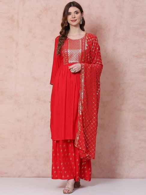 rangriti red printed kurta sharara set with dupatta