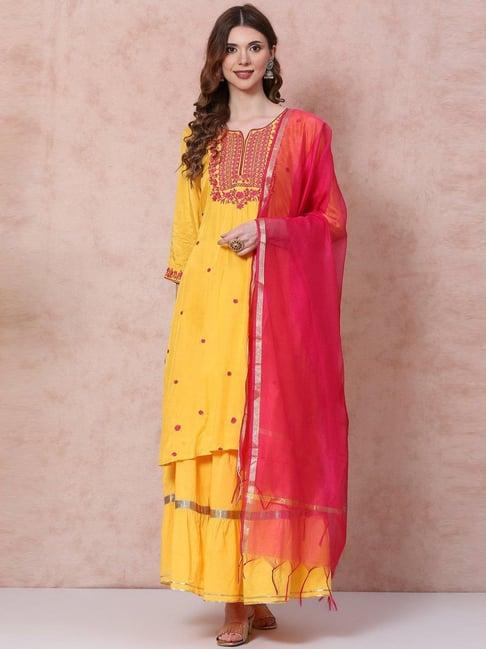 rangriti yellow embroidered kurta skirt set with dupatta