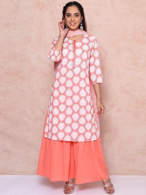 rangriti orange cotton printed kurta sharara set with dupatta