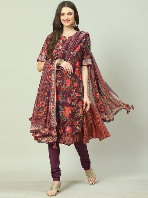 biba purple printed double layered kurta churidar set with dupatta