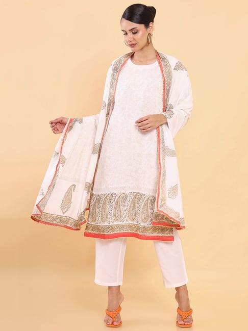 soch white floral print kurta with pant & dupatta