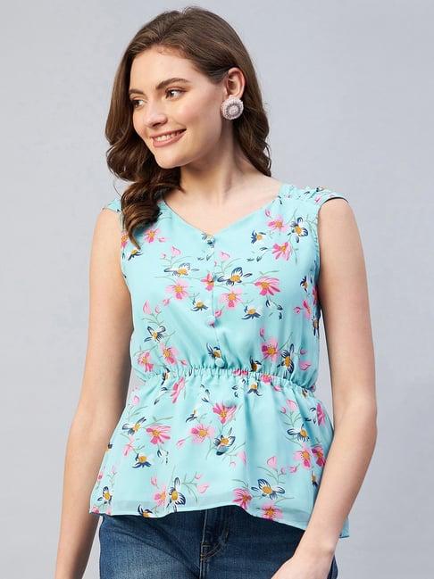 carlton london blue floral print v-neck top