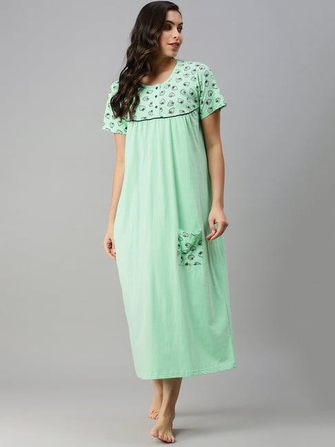 kryptic pista green printed pure cotton maxi night dress