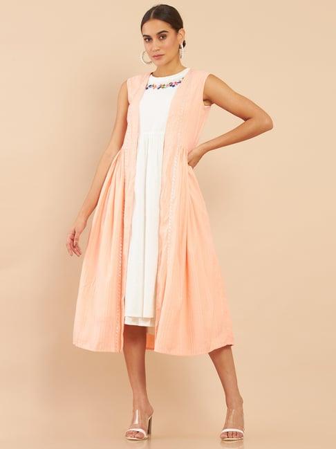 soch peach cotton embroidered a-line double layered dress