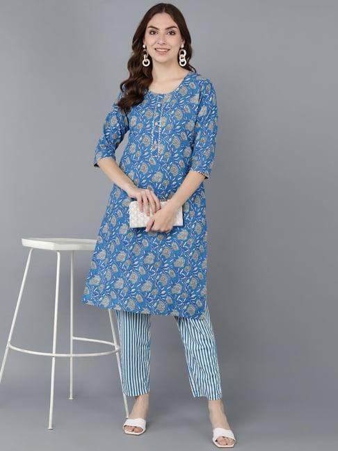 kipek blue cotton printed kurta pant set