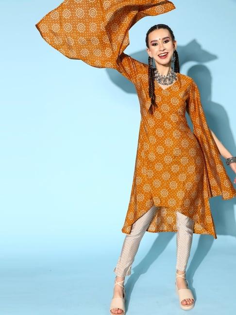 kipek brown & off-white printed kurti pant set