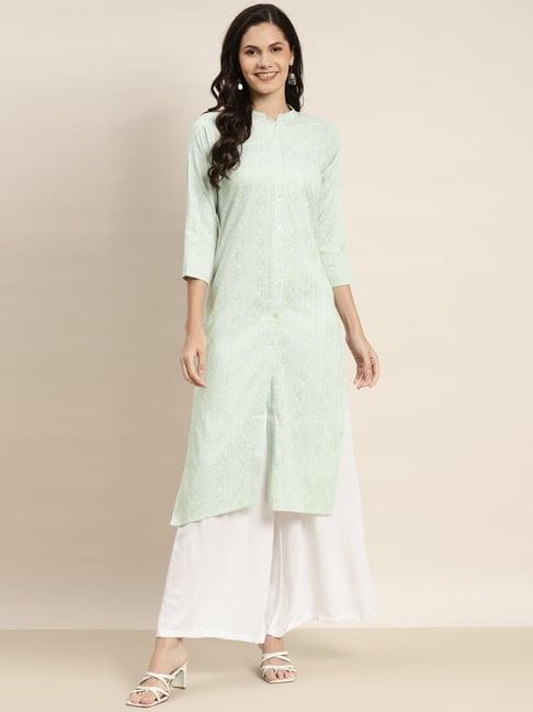 jompers green cotton striped straight kurta