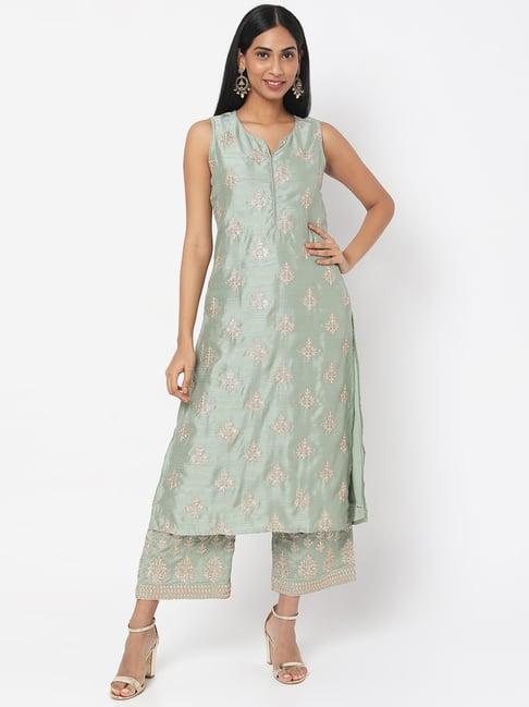 ethnicity green zari work kurta palazzo set