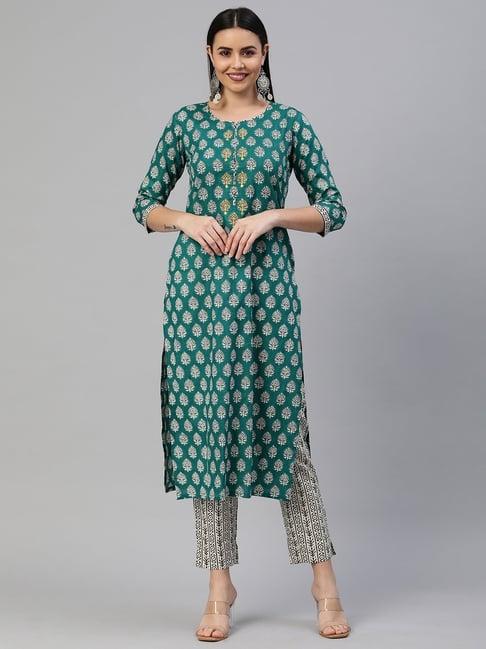 kami kubi green & white floral print kurta pant set with dupatta