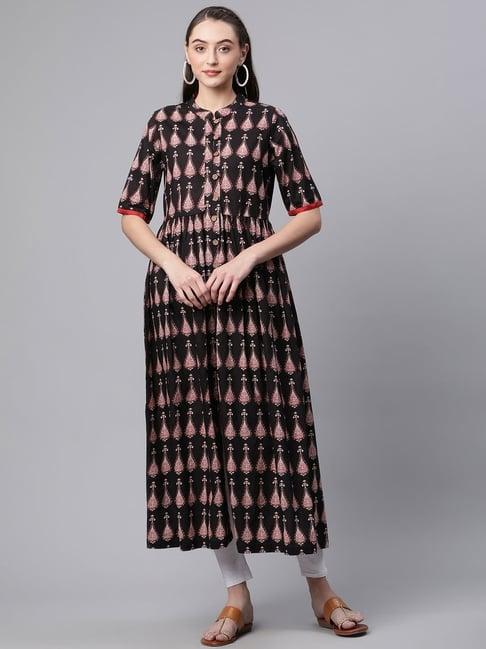 divena black cotton printed a line kurta