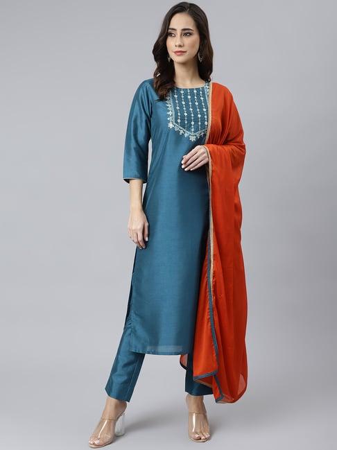 janasya teal blue embroidered kurta pant set with dupatta