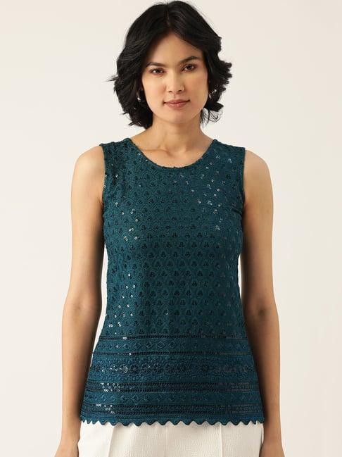 brinns teal embellished a-line top