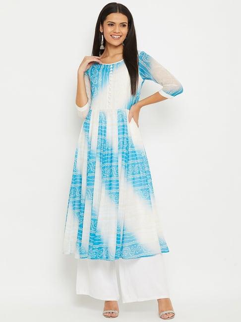 panit white & blue bandhani fit & flare kurta