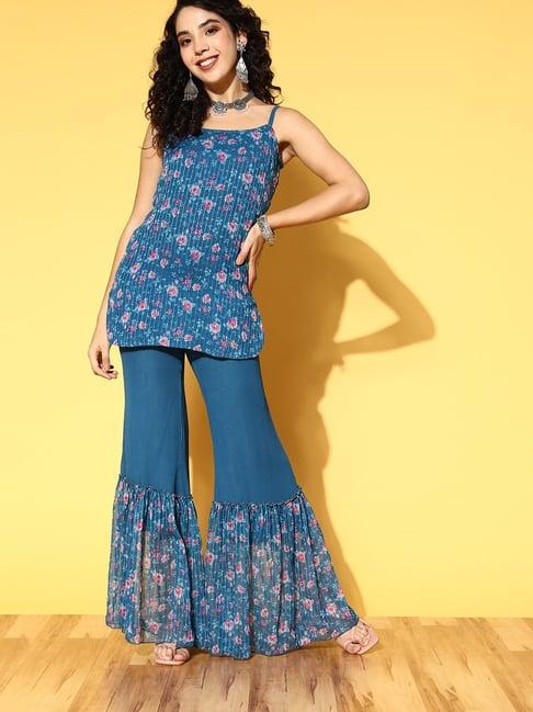 panit blue printed kurta & sharara set