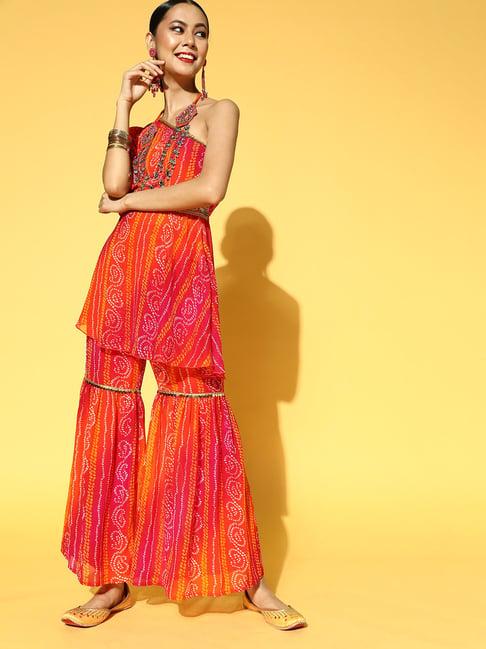 panit orange printed tunic & sharara set