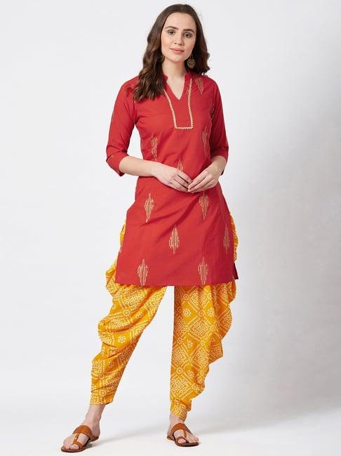 panit red & yellow printed cotton tunic & dhoti set