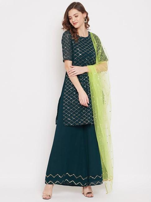 panit green embellished kurta with sharara & dupatta set