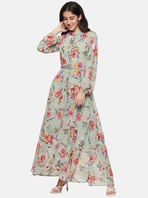 isu green floral print maxi dress