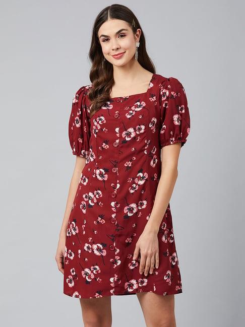 rare maroon floral print a line dress