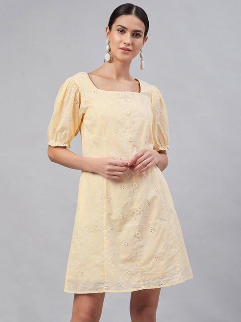 marie claire yellow embroidered a line dress