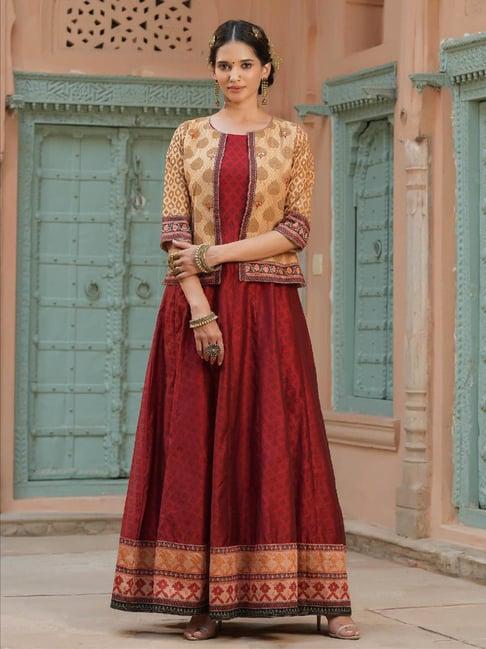 scakhi maroon silk printed ethnic dress with jacket