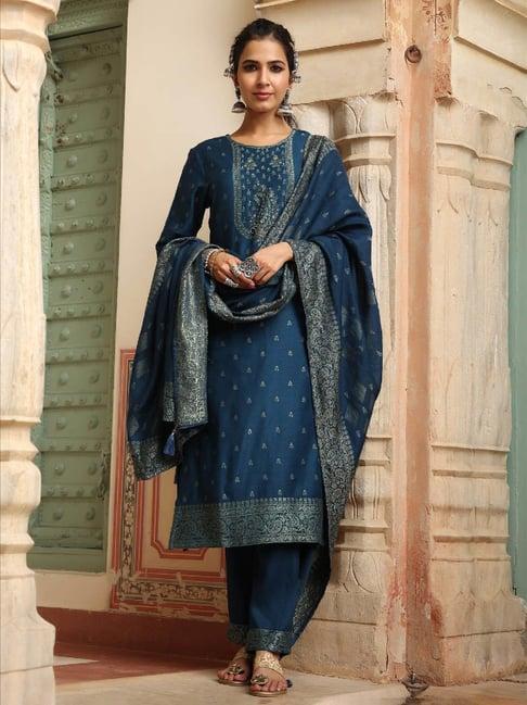 scakhi navy embellished kurta with pants & dupatta