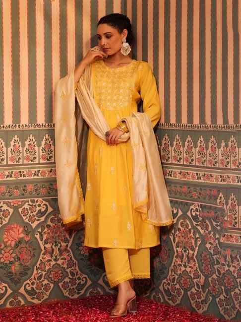 scakhi yellow embroidered kurta with pants & dupatta