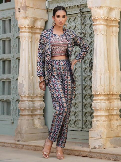 scakhi grey printed top pant set with blazer