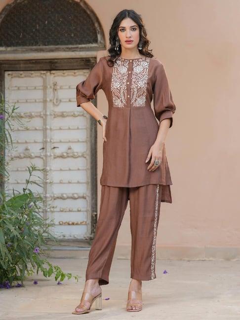 scakhi brown embroidered silk tunic & pant set