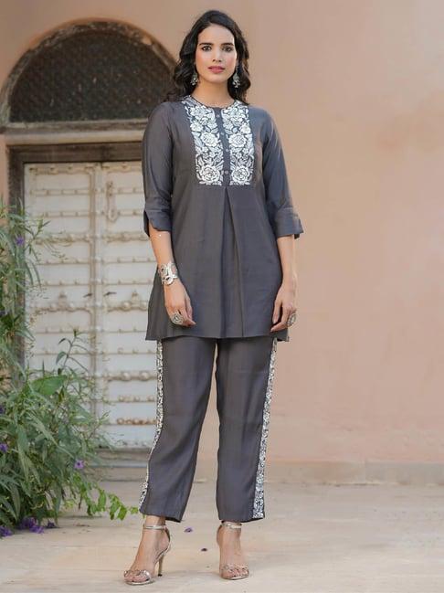 scakhi grey embroidered silk tunic & pant set