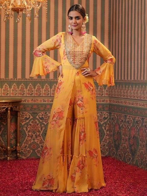 scakhi yellow printed kurta and sharara set