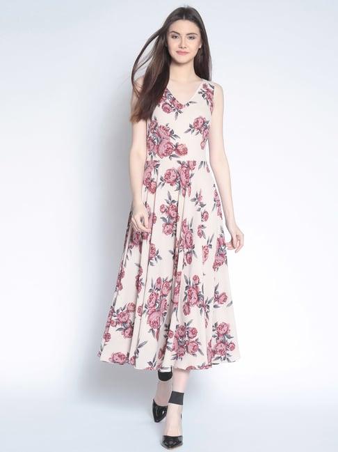 rare beige floral print a-line dress