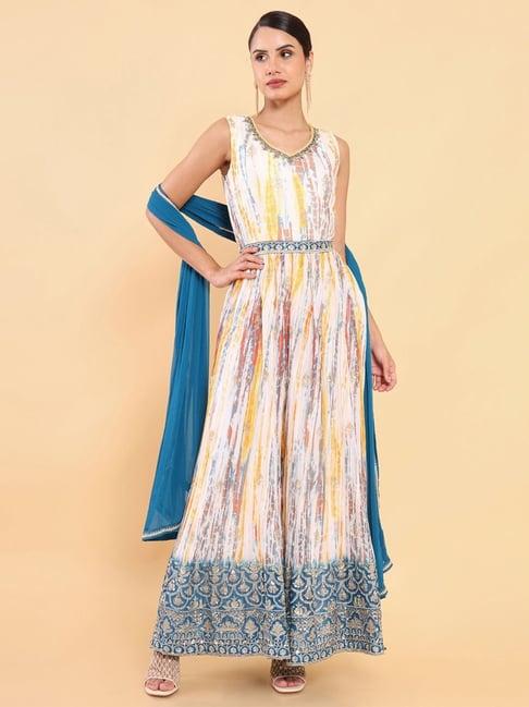 soch white & blue tie & dye jumpsuit with dupatta