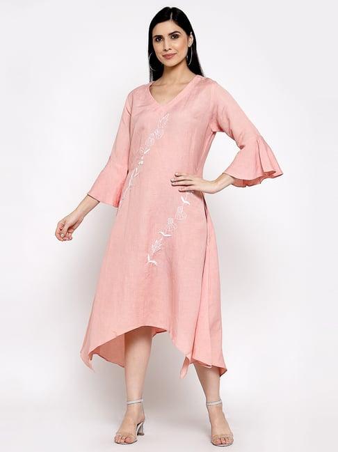 dart studio peach linen embroidered a-line dress