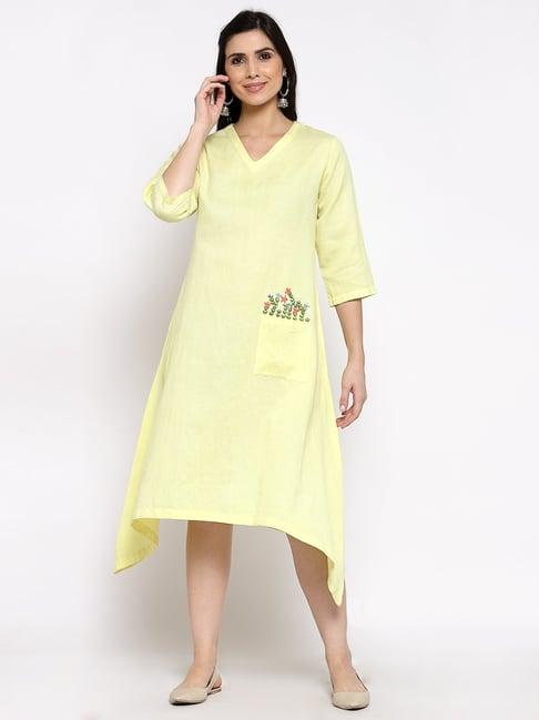 dart studio yellow linen embroidered a-line dress