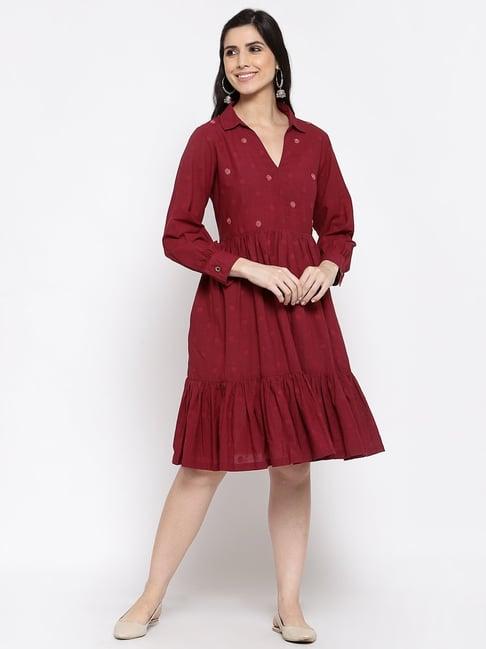 dart studio maroon cotton embroidered a-line dress