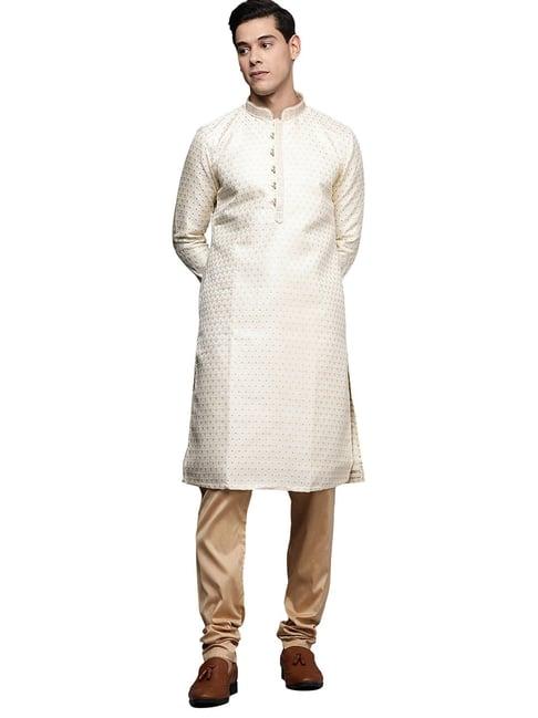 manyavar beige printed kurta with churidars