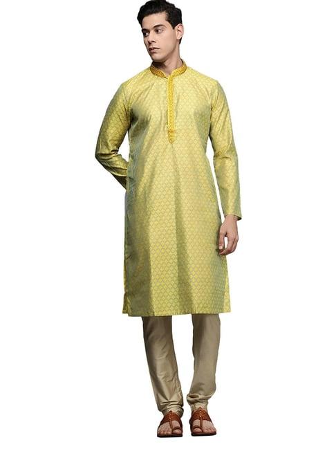 manyavar mustard printed kurta with churidars